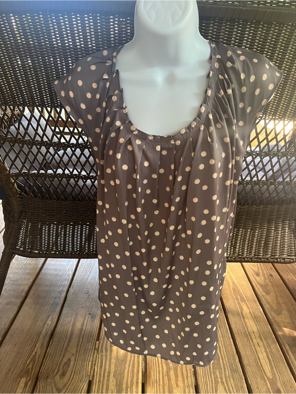 LC Lauren Conrad Taupe Blouse with Cream Polka Dots